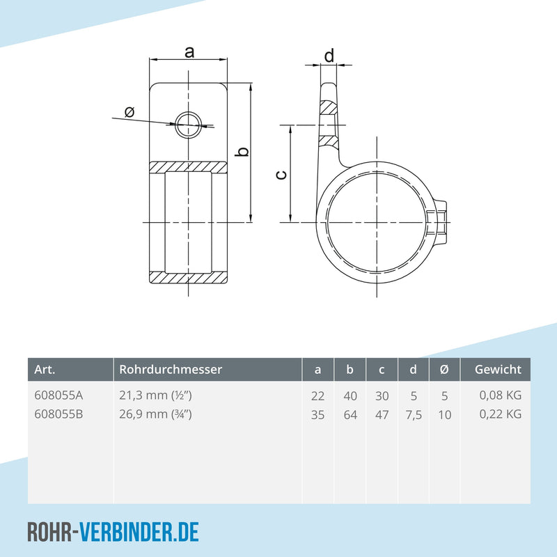 Ösenteil mit Einzellasche 21,3 mm | technische Zeichnung | Rohrverbinder | Schnelle Lieferung | Rohr-verbinder.de