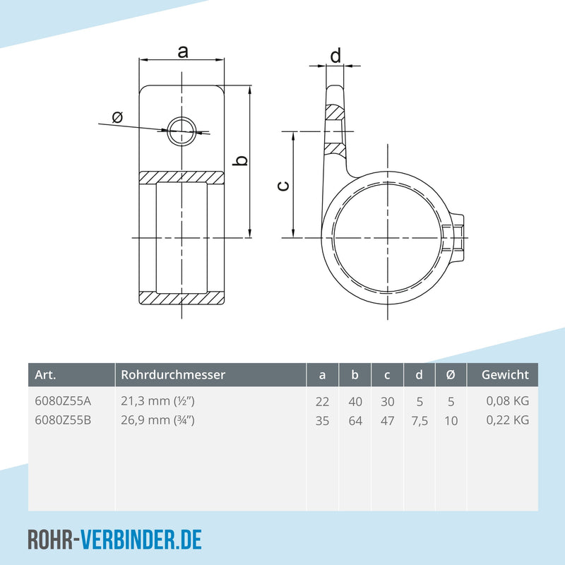 Ösenteil mit Einzellasche schwarz 21,3 mm | technische Zeichnung | Rohrverbinder | Schnelle Lieferung | Rohr-verbinder.de